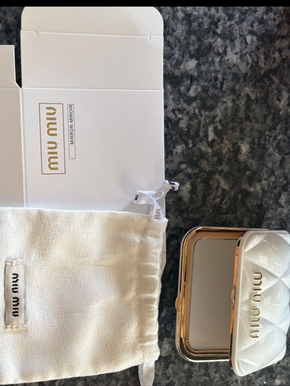 Miu Miu White Quilted Compact Mirror with Gold Trim